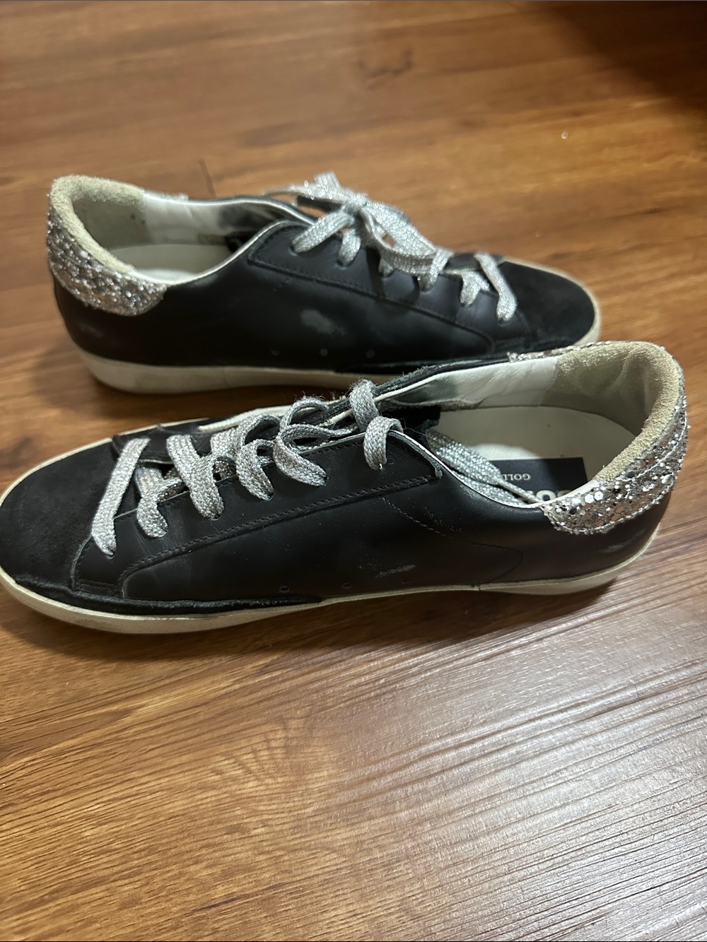 Golden Goose Black Sneakers with Silver Glitter Heel and Laces